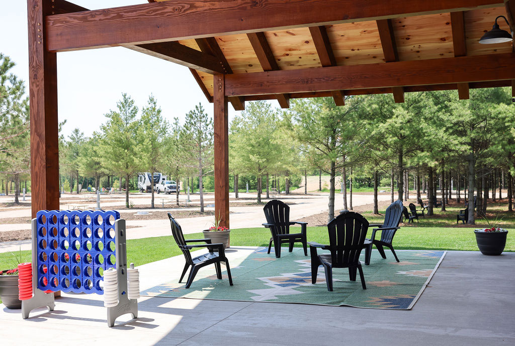 Patio of Camp Door County with games and chairs