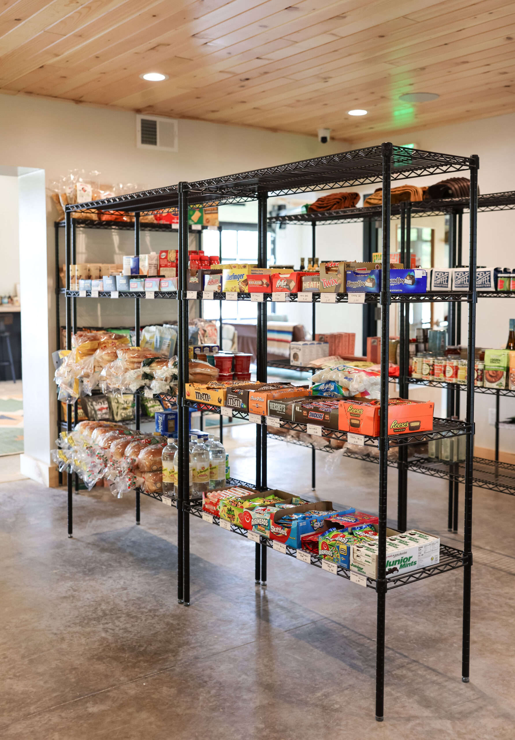 Store shelves with snacks for purchase