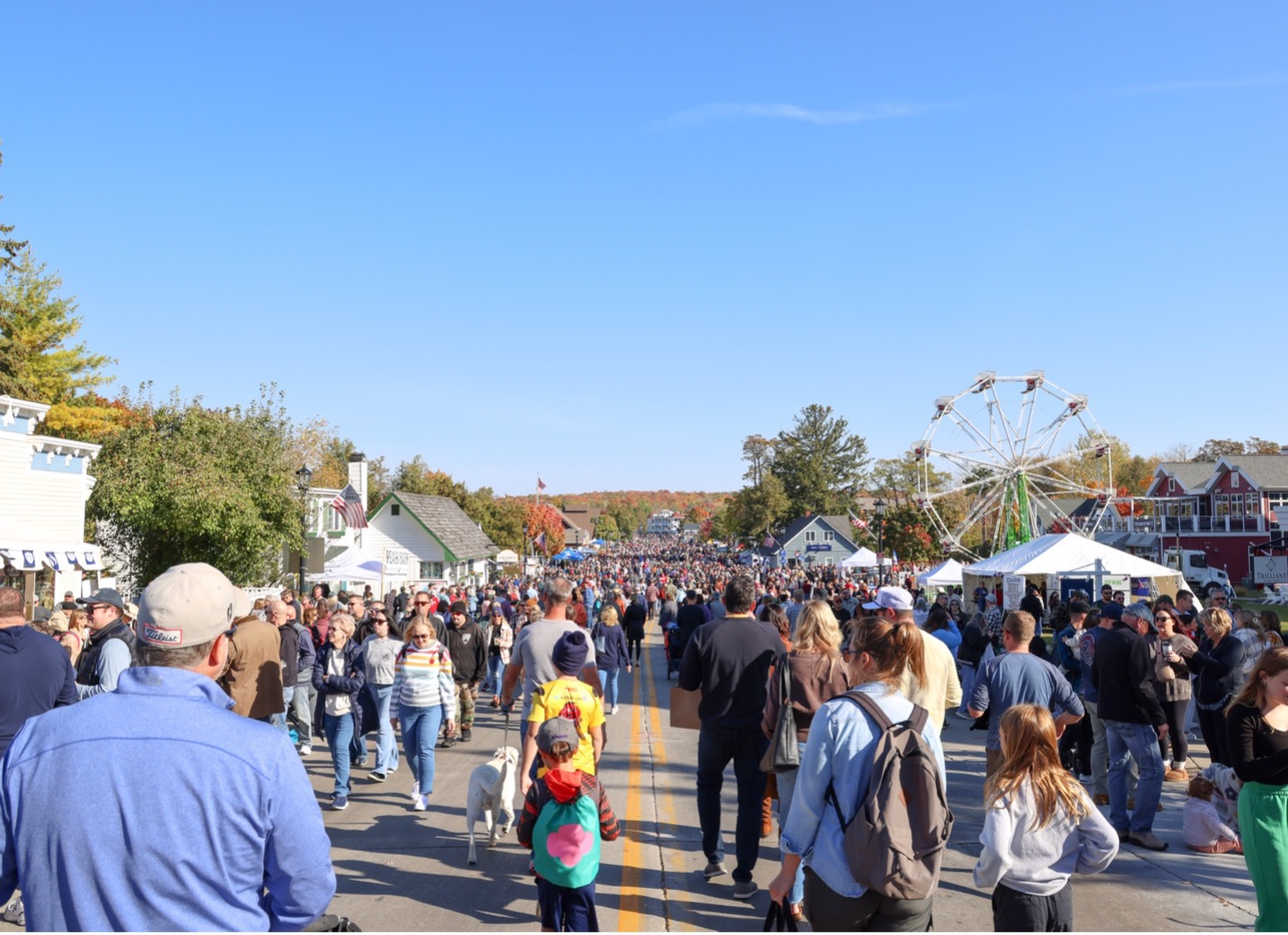 Crowd at Fall Fest enjoying carnival rides, fall colors, vendor booths and food