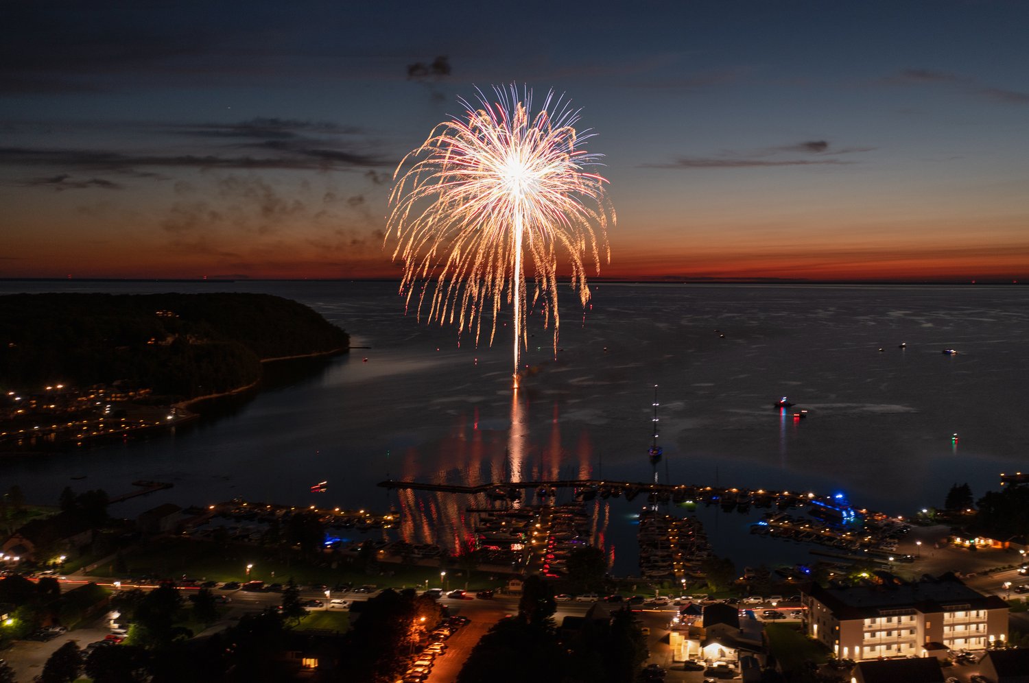 fireworks over water in Sister Bay