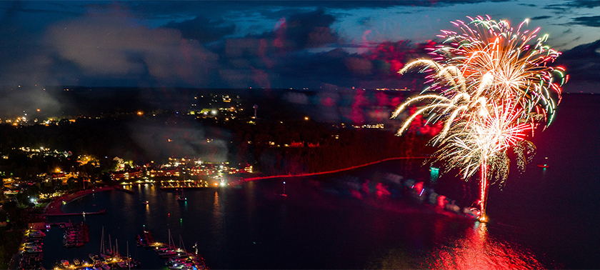 fireworks over water in Sister Bay