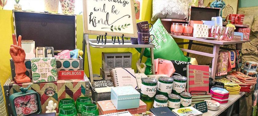 Colorful table of gifts at Space in Sister Bay
