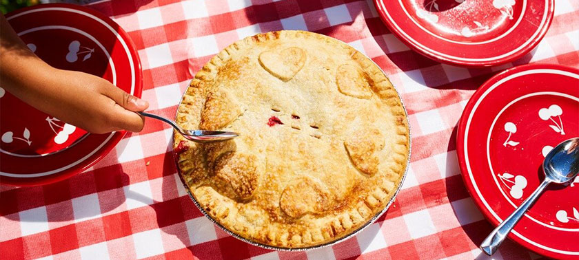 Pie on picnic table cloth from Seaquist Orchards Farm Market in Sister Bay