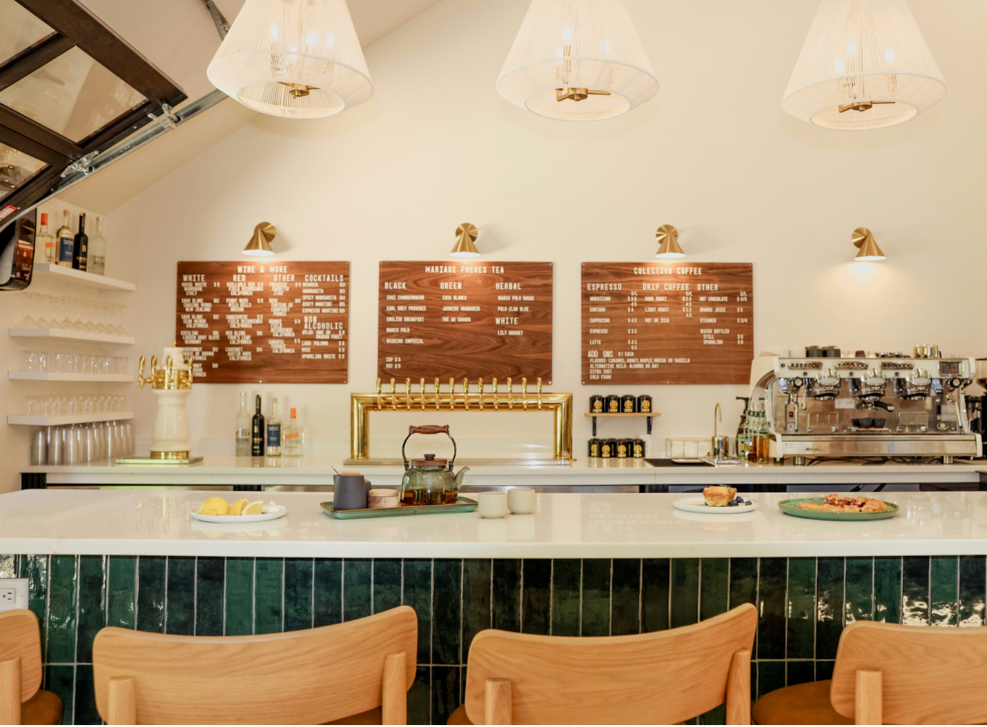 Menu and coffee bar with bar stools and snacks on the bar