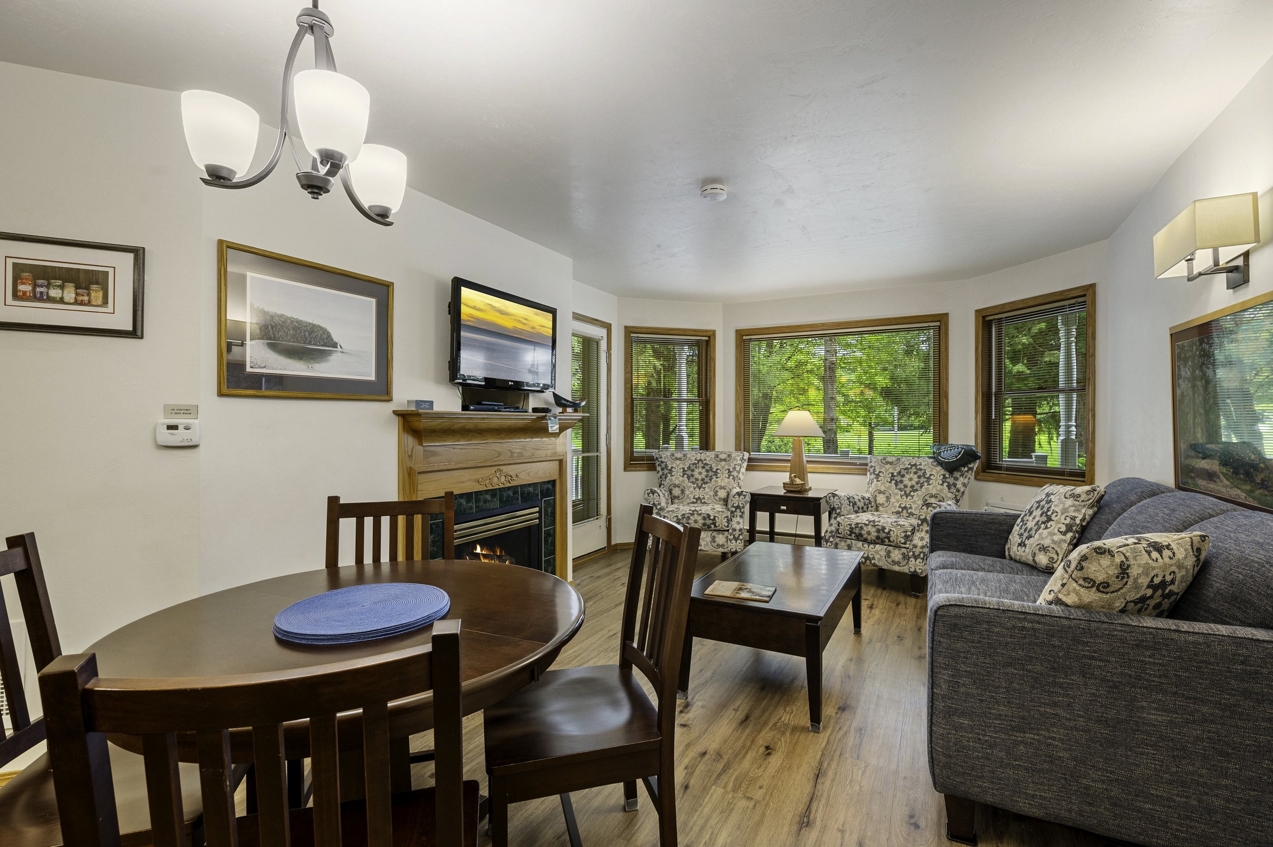 Dining and living room inside Pheasant Park Resort in Sister Bay